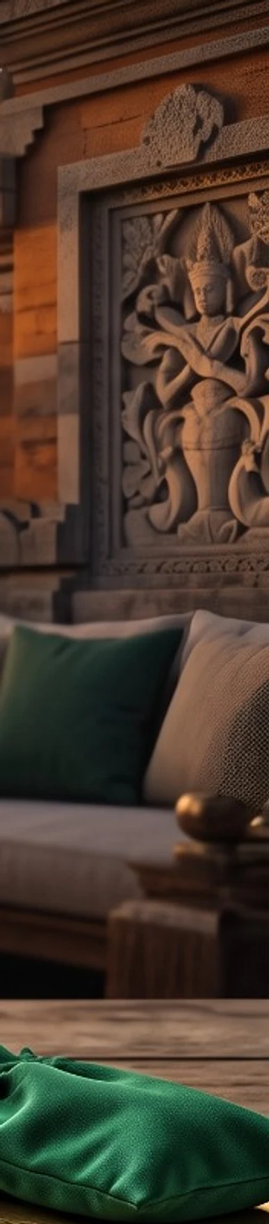 An outdoor lounge with deep green cushions beside carved Balinese stone
