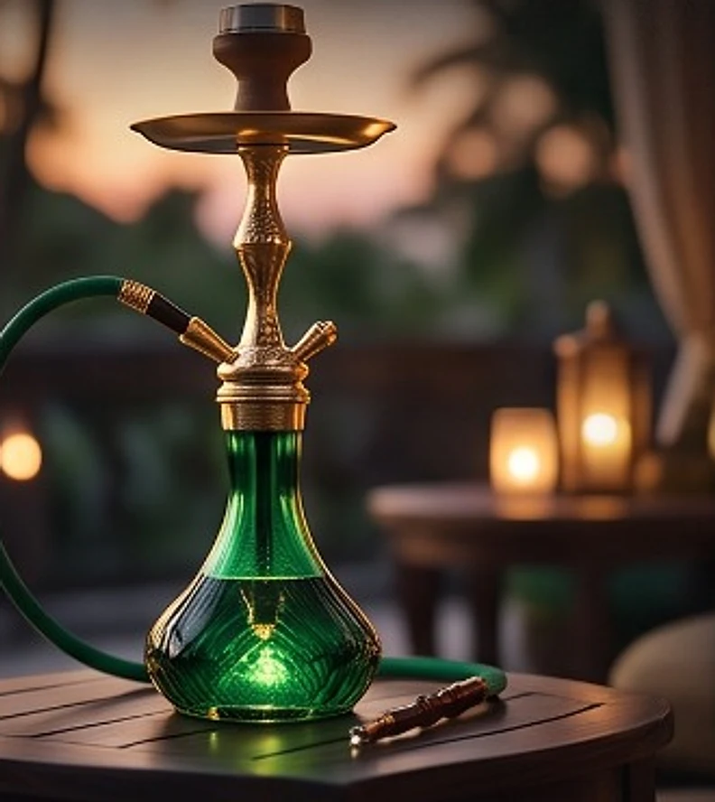 A brass and green glass shisha lit on a teak table at dusk